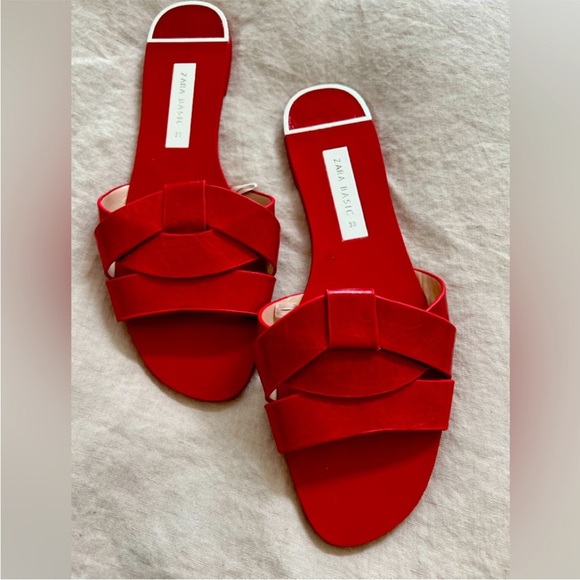 Zara Genuine Leather Red Crossover Slide Sandal Slipper Flat Shoes 37 / 6.5 NWT - Picture 4 of 13